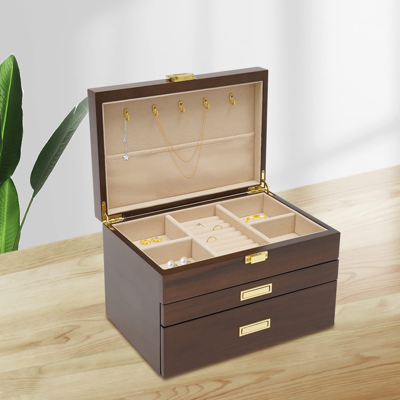 CHUOZI 3-Layer Jewelry Organizer with 2 Drawers, Box for Storage Earrings Rings Necklace Bracelet (Black Walnut)