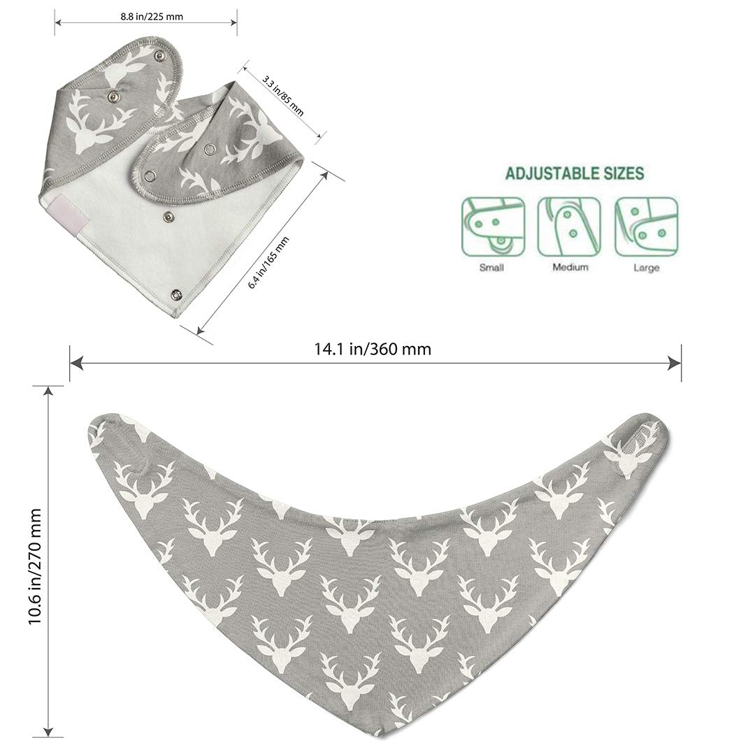 BeeBaby Super Absorbent & Soft Bandana Bib with Snap-On Teether. 100% Waterproof & Washable. (Gray - Deer) 3M+ 3