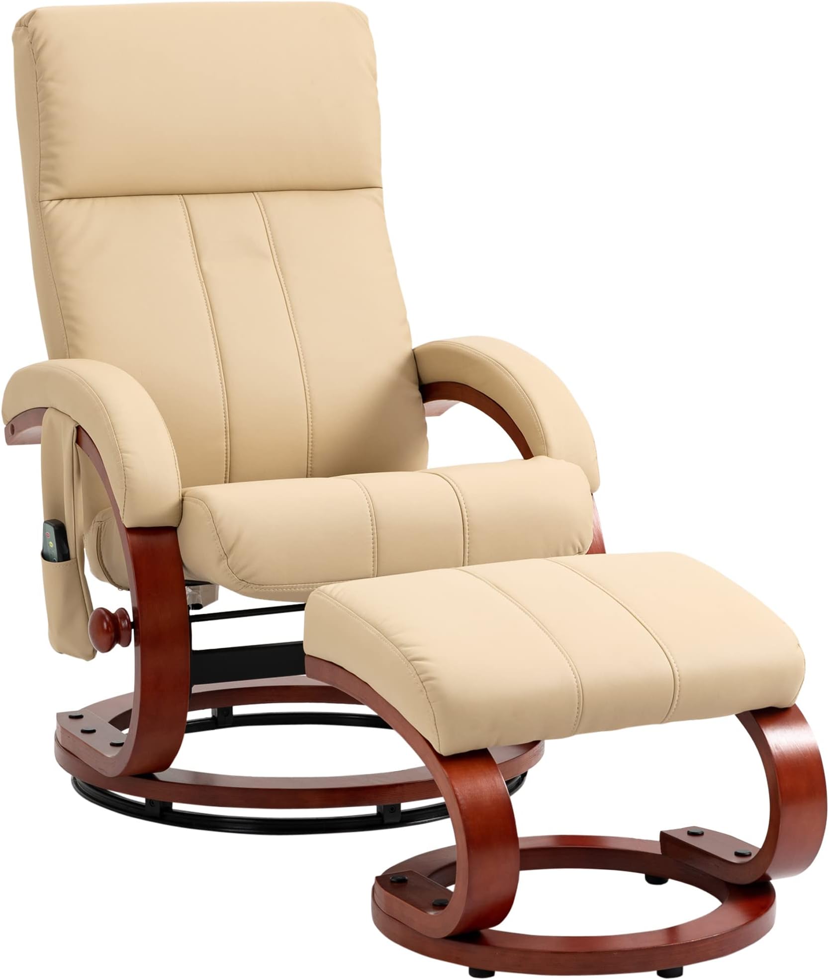 Modern Recliner and Ottoman, Electric Faux Leather Recliner with 10 Vibration Points and 5 Massage Modes, Reclining Chair with Remote Control, Swivel Wood Base and Side Pocket, Beige