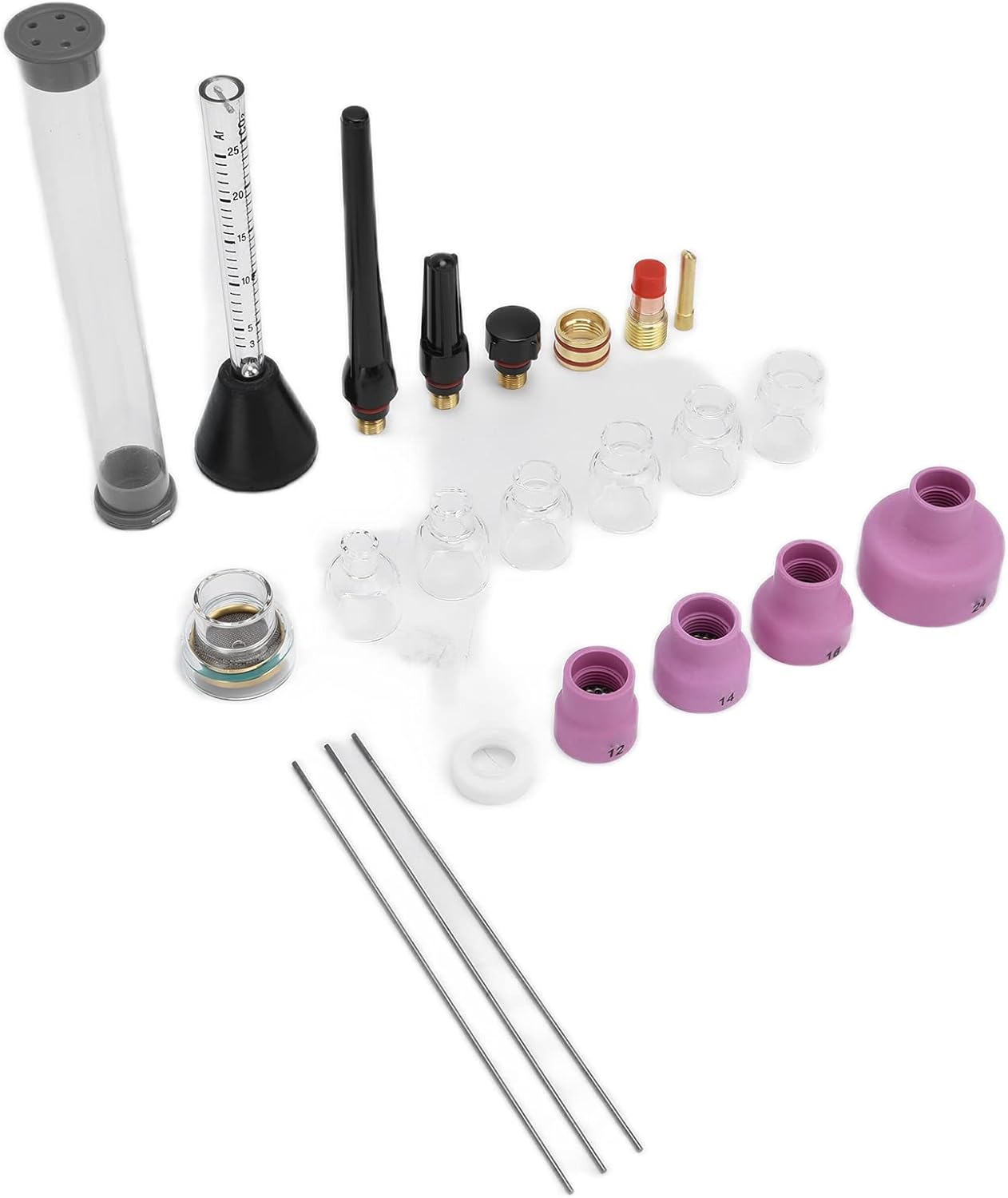 Argon Arc Welding Nozzle Kit with Gas Flowmeter, Complete Torch Accessories Set for WP 17/18/26, High Quality Ceramic Material, Built In Filter, Tungsten Needles and Nozzles Inc