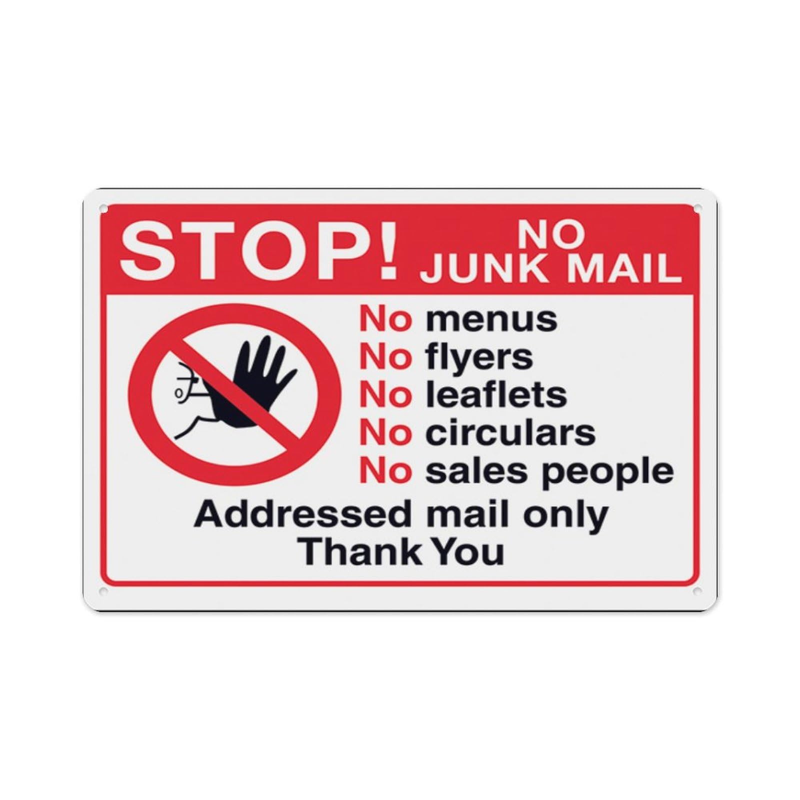 peiyeety Stop No Junk Mail - No Menus, No Flyers, No Circulars, No Sales Aluminum Tin Warning Signs For Home Outdoor Garden 8X12 Inches