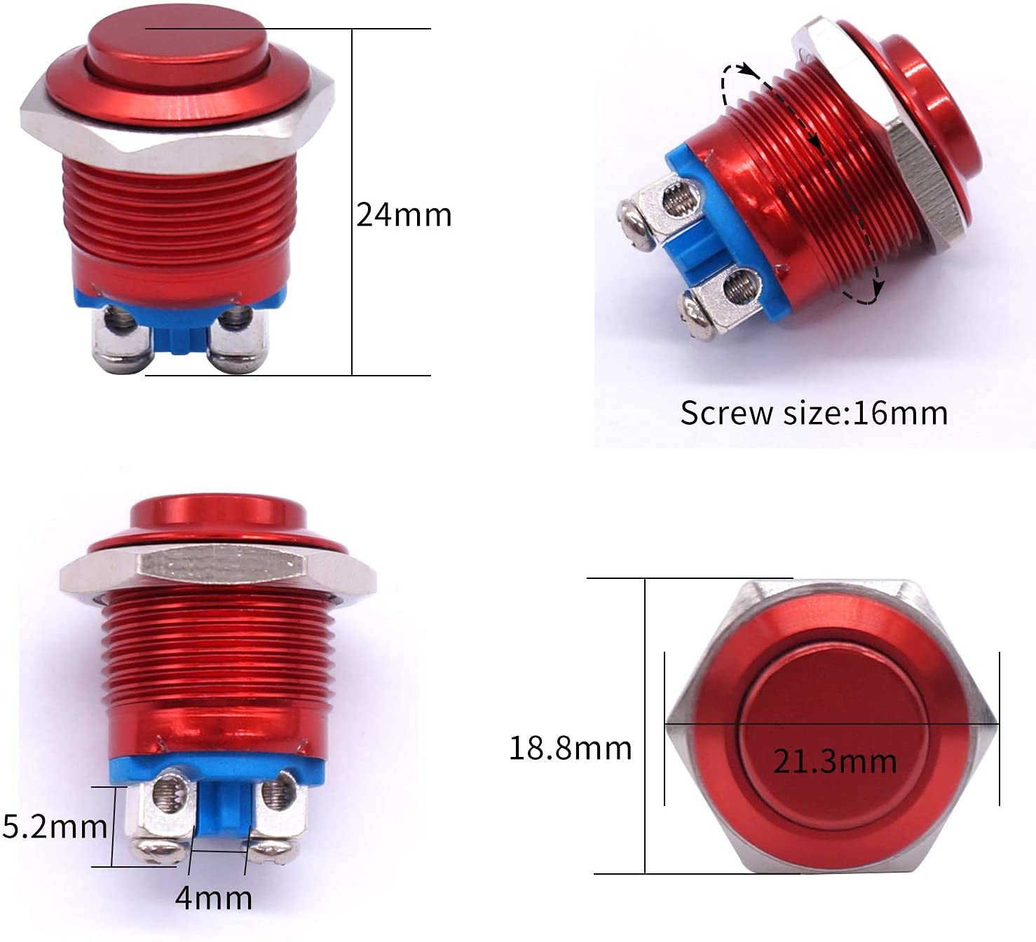 INFRI 2 pièces 16 mm 5/8" rond rouge métal bouton poussoir momentané interrupteur 1NO SPST 3A/12-250V pour interrupteur de voiture industriel (couleur : rouge)