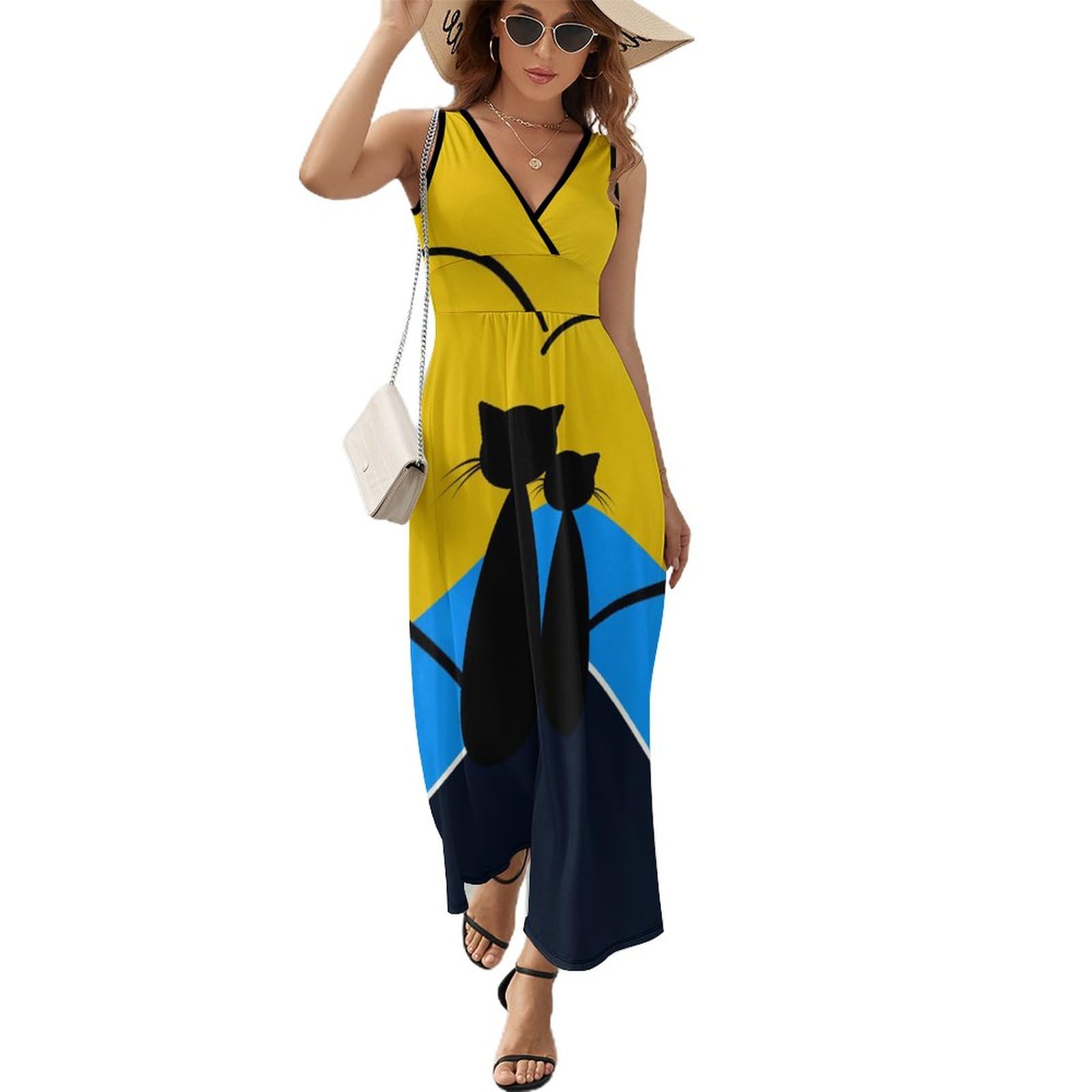 Robe maxi col V décontractée style bohème chic avec imprimé chats - 8