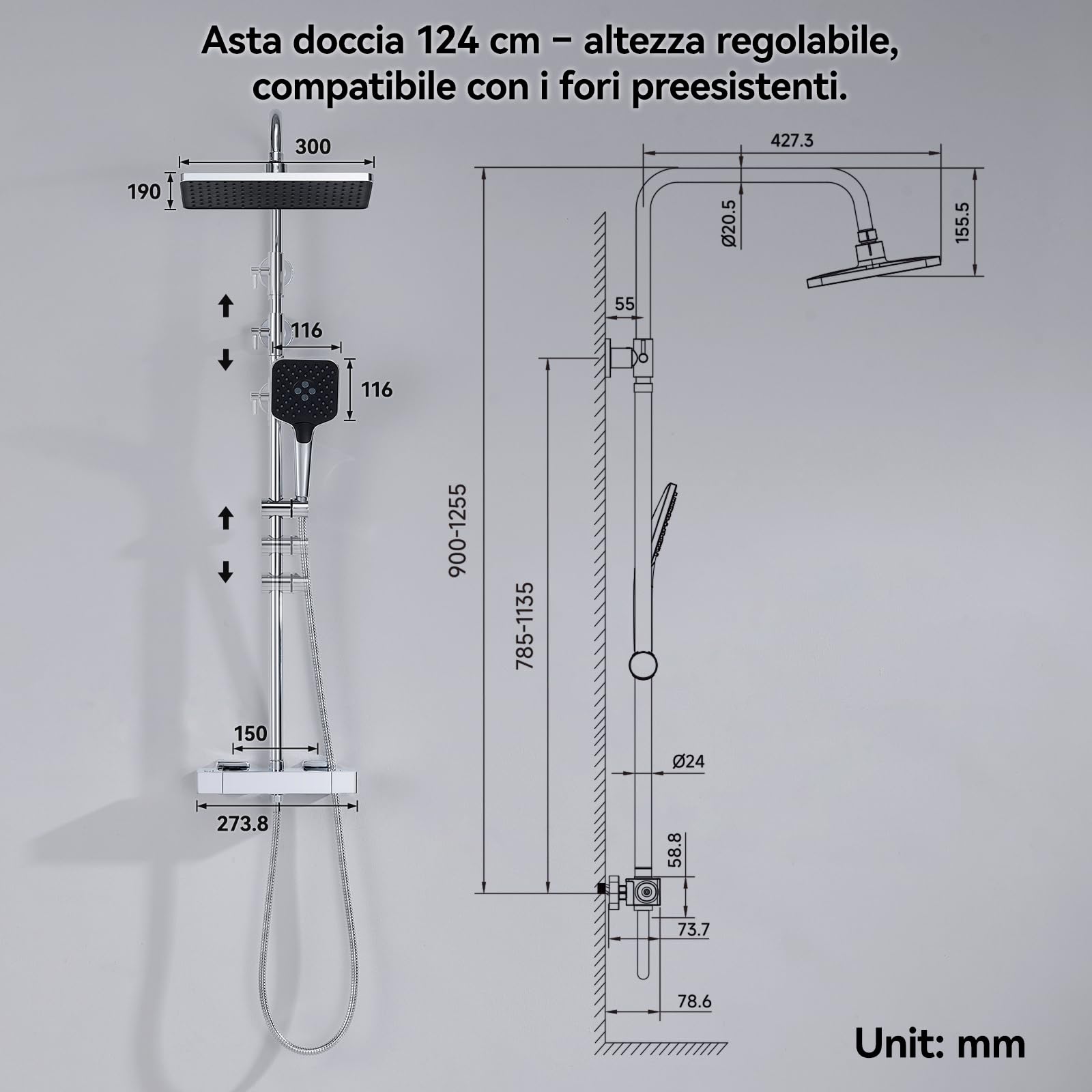 Auralum Colonna Doccia con Miscelatore Termostatico, Miscelatore Doccia Esterno, Saliscendi Doccia con Soffione Doccia 30*19cm e Doccetta 3 Getti, Saliscendi Doccia Altezza Regolabile 90-125cm, Cromo