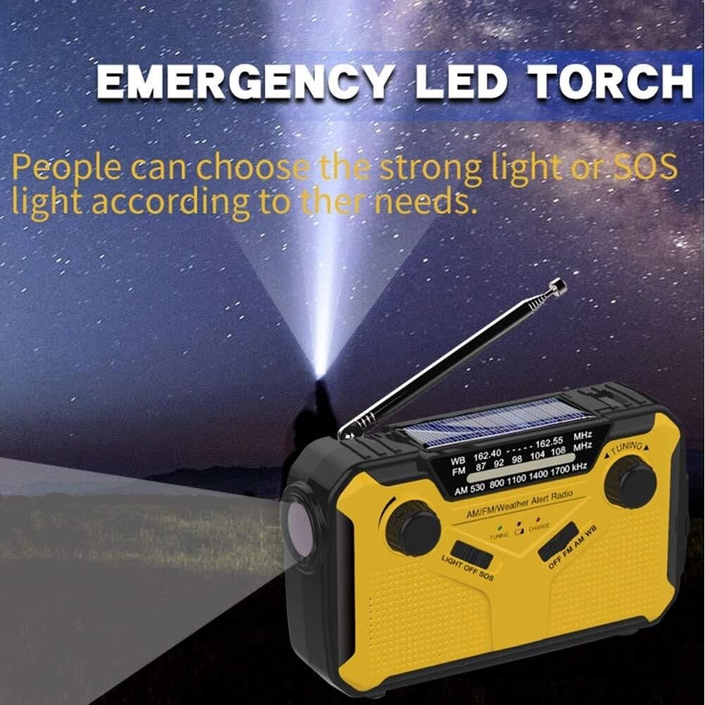 Radio awaryjne z korbką, pogoda słoneczna AM|FM|WB|NOAA, przetrwanie, latarka, lampa do czytania 2 W, alarm SOS 2500 mAh