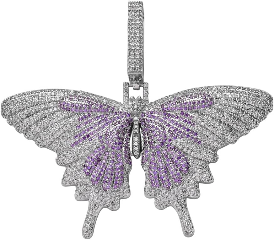 Iced Out Necklace for Men - Hip Hop Butterfly Pendant - Copper Plated 18K Gold Micro Inlaid Zircon with 24in Rope Chain Hip Hop Rapper Jewelry Giftting