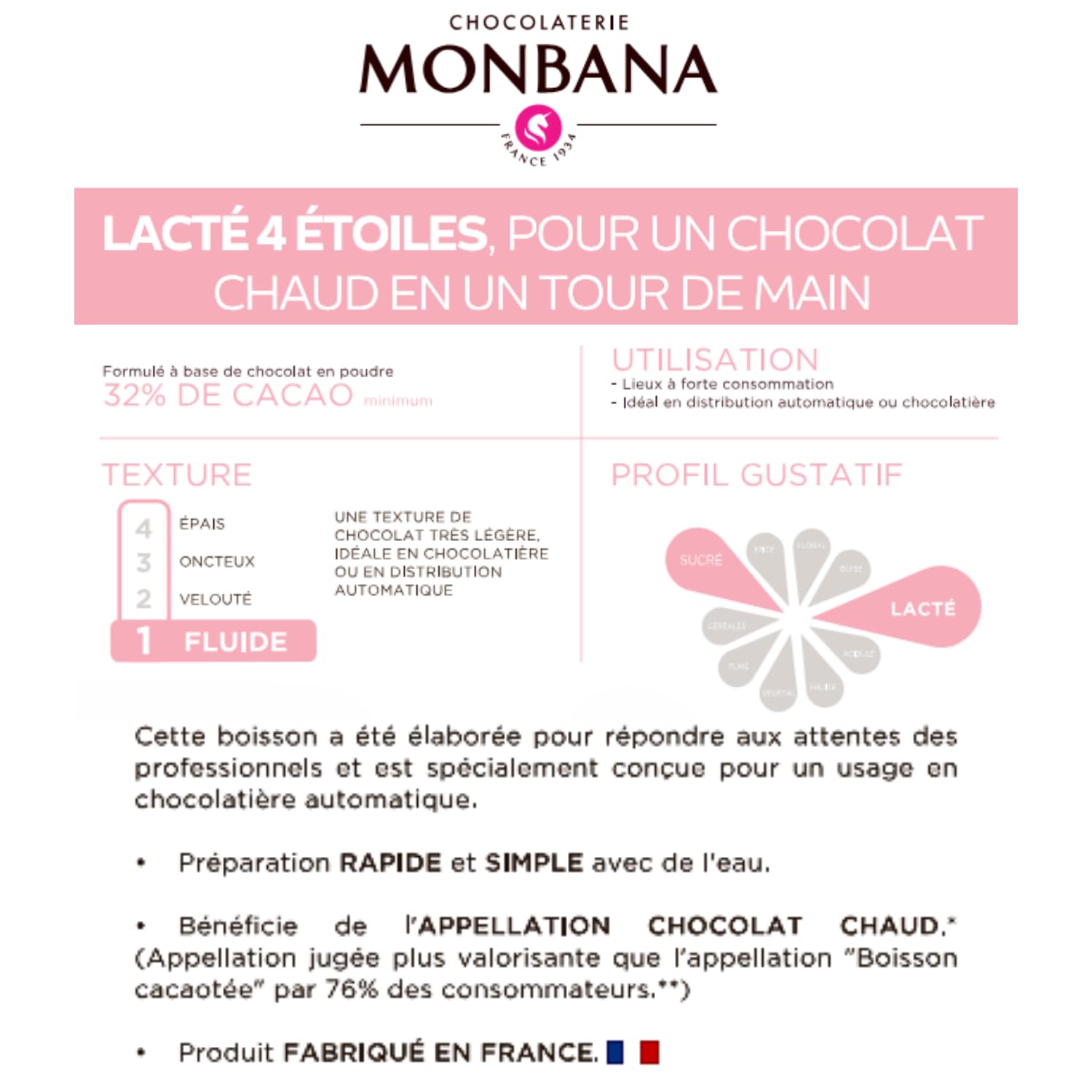 MONBANA | 20 sachets de chocolat Lacté 4* | Doses individuelles de 30 g de chocolat en poudre à déguster tout au long de la journée