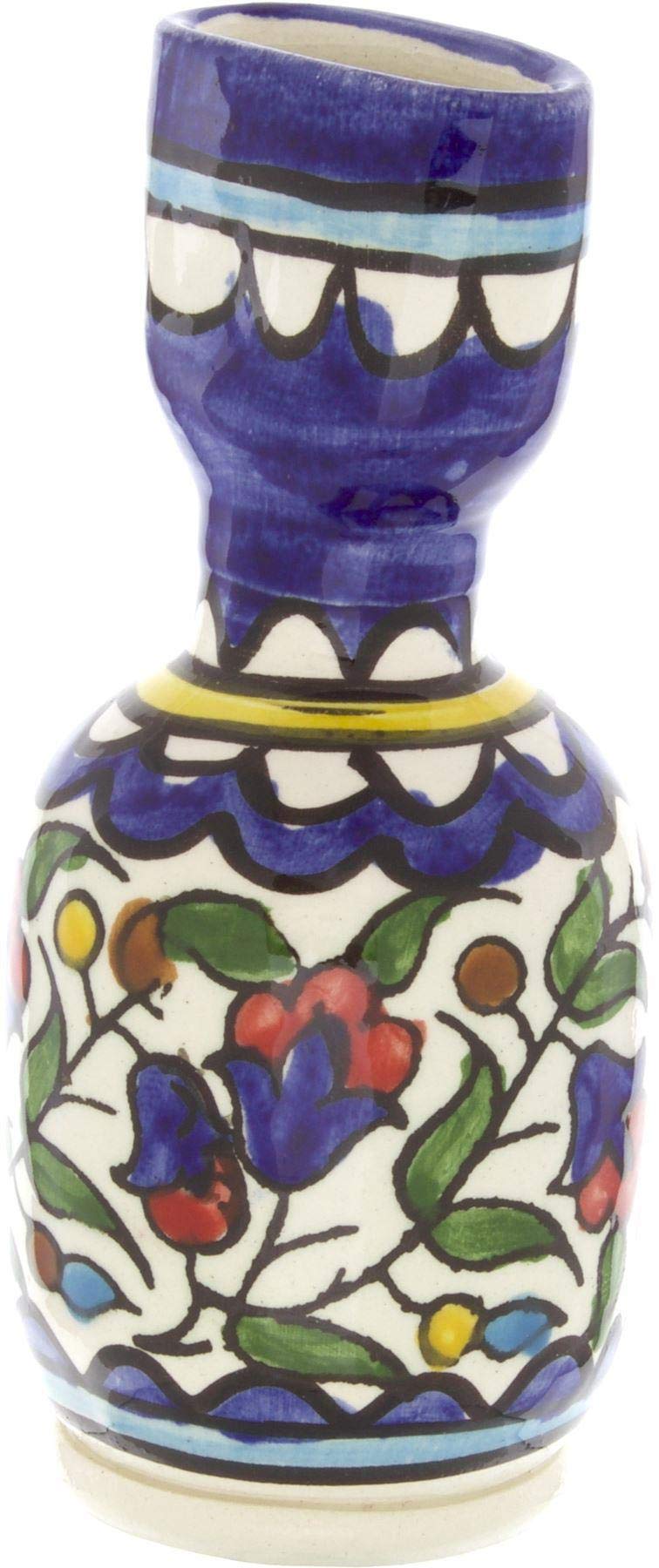 Armenian Ceramic Havdalah Candle Holder, 12cm, Colourful Flowers Design, Blue