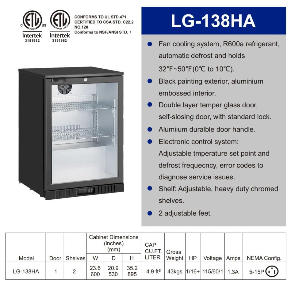 Beer Back Bar Cooler 1 Door 24" Commercial Refrigerator 24" Black Beverage Cooler Counter Height 35°-46°F With 1 Glass Door - 4.6 Cu.Ft LG-138h on Fridge.com - View 2