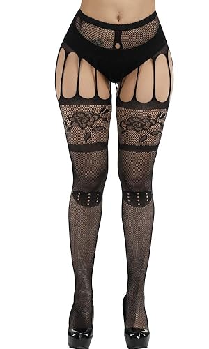 E-Laurels Womens High Waist Patterned Fishnet Tights Suspenders Pantyhose Thigh High Stockings Black - Black_a3