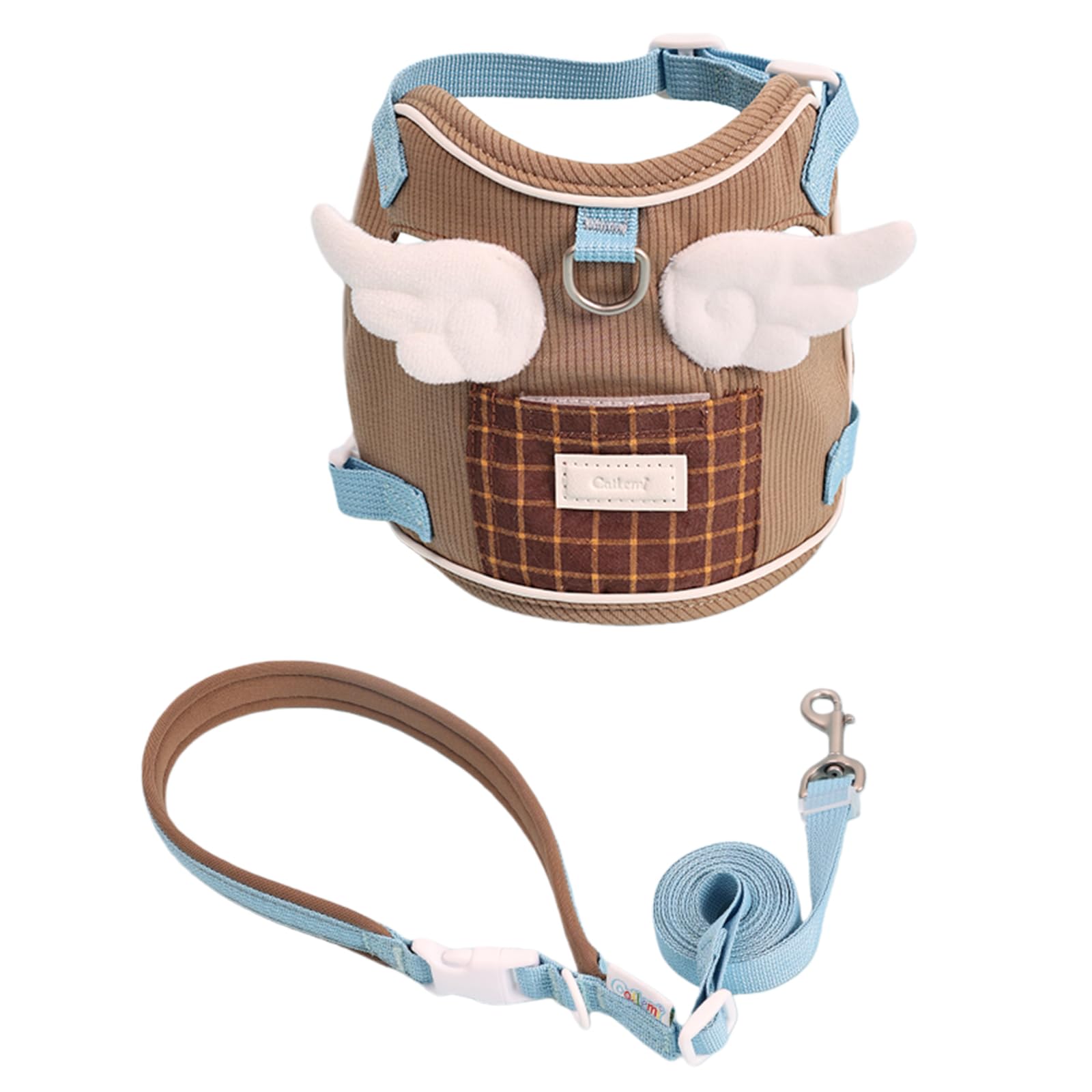 Duuclume Adjustable Cat Harness and Leash Set with Pocket - Angel Wing Vest, Lightweight Soft Mesh Escape-Proof Walking Harness for Cats Outdoor (Brown Blue)