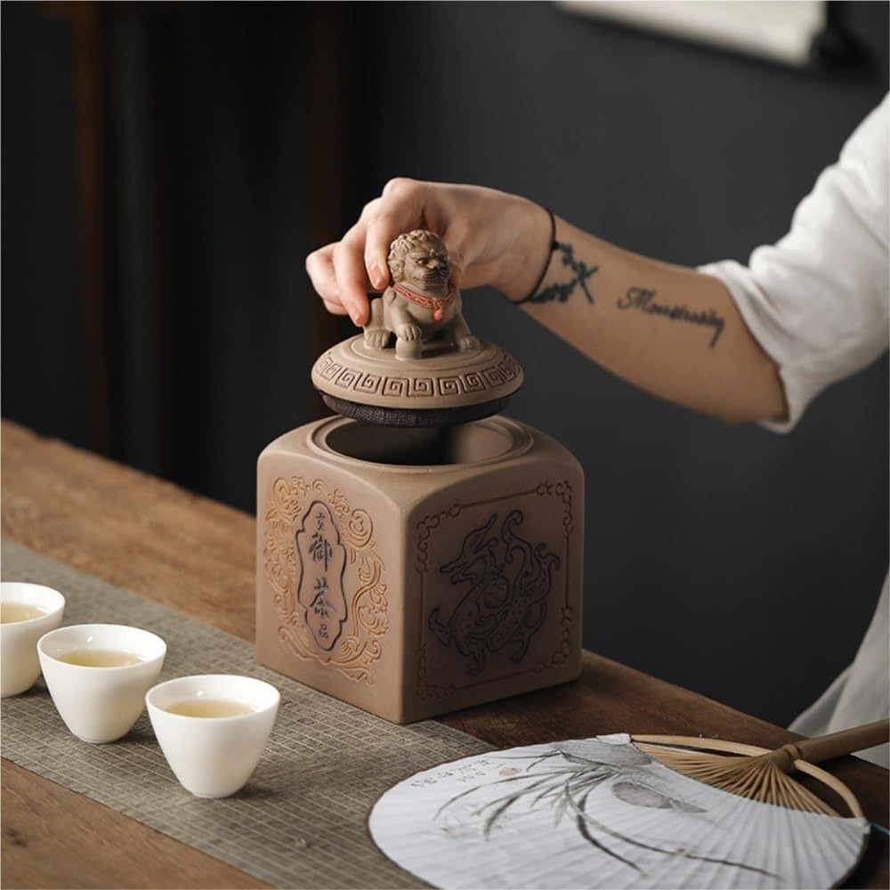 HLTYGWX Teedose aus Keramik, für losen Tee, Vorratsdose, chinesisches Retro-Teeglas mit Jade-Siegel, grobe Keramik-Teedose, schwarzer Tee, versiegeltes Glas, Teedose
