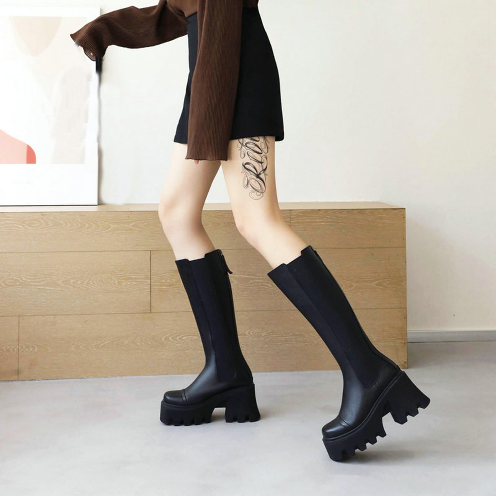 Damen Shorts Leder Stiefeletten Heels Epais Motorradstiefel Schwarz Runde Spitze Über Knee Hohe Winterstiefel