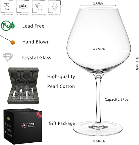 Miniatura 9 de Juego de 4 copas de vino tinto de cristal, sopladas a mano de 1618 onzas, copas de vino blanco italianas modernas con tallo largo para Burdeos, guía
