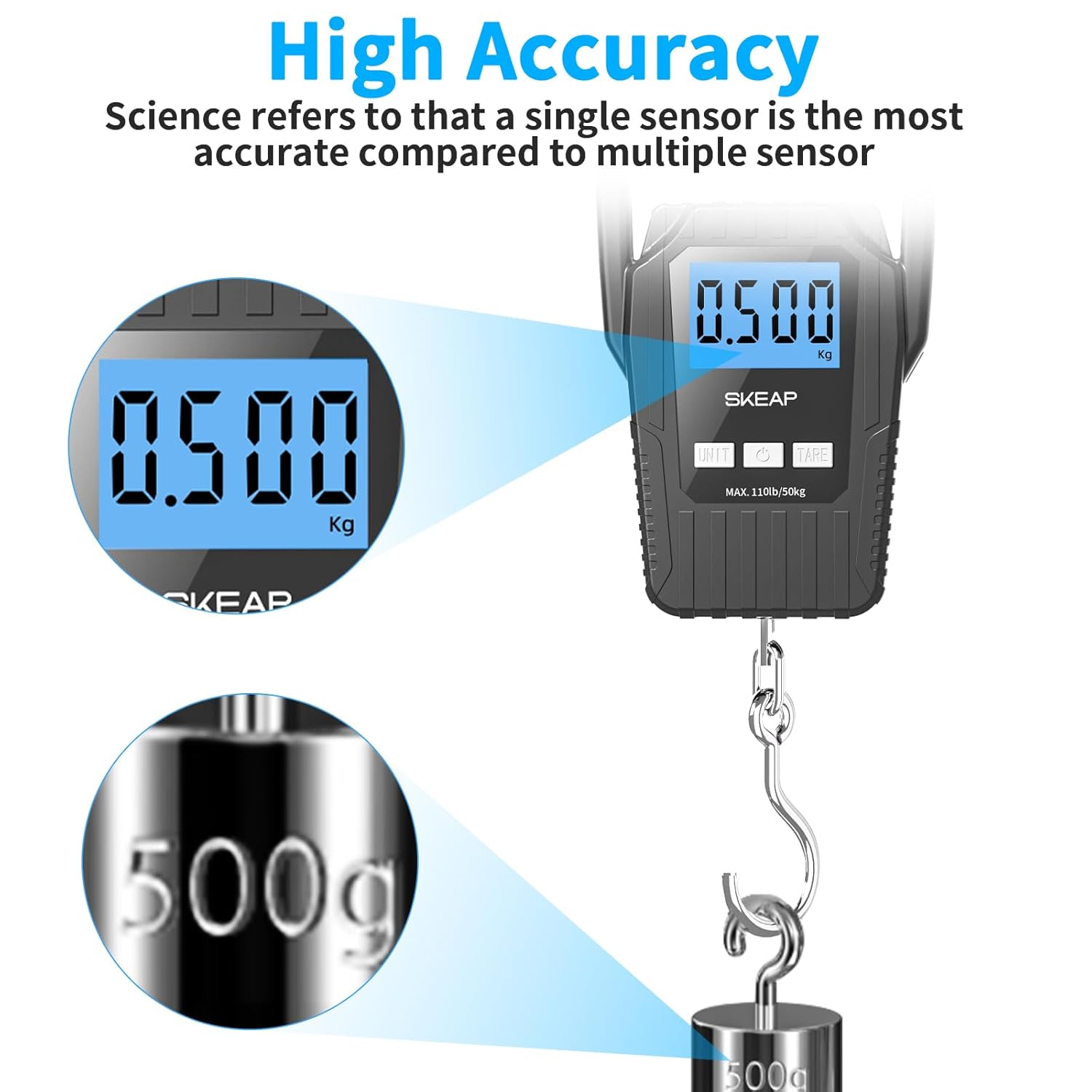 SKEAP Digital Hanging Scale demonstrating high accuracy with a 500g weight