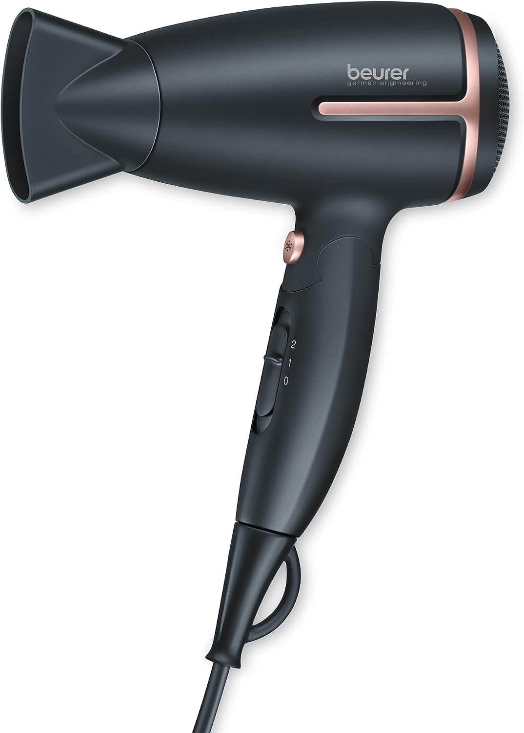 Beurer HC25 Ionic Hair Dryer for Travel with Voltage Switch 1600W Anti Frizz Blow Dryer, Foldable Handle, Lightweight Styler, Nozzle Attachment, Black and Rose Gold