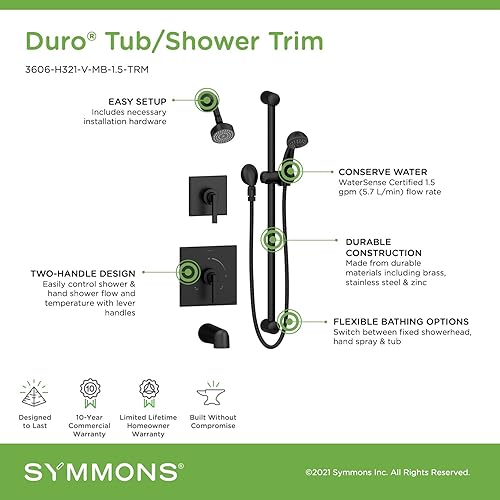 Miniatura 3 de Symmons 3606-H321-V-MB-1.5-TRM Duro Bañera de 2 manijas y 1 regadera con 1 rociador de ducha de mano en negro mate (válvulas no incluidas)