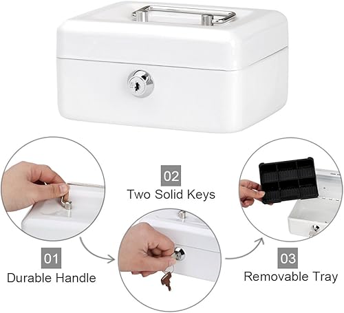 Miniatura 4 de Decaller - Caja de efectivo pequeña con cerradura de llave, portátil de metal con doble capa y 2 llaves para seguridad, blanco, 15,7 x 12,7 x 7,62