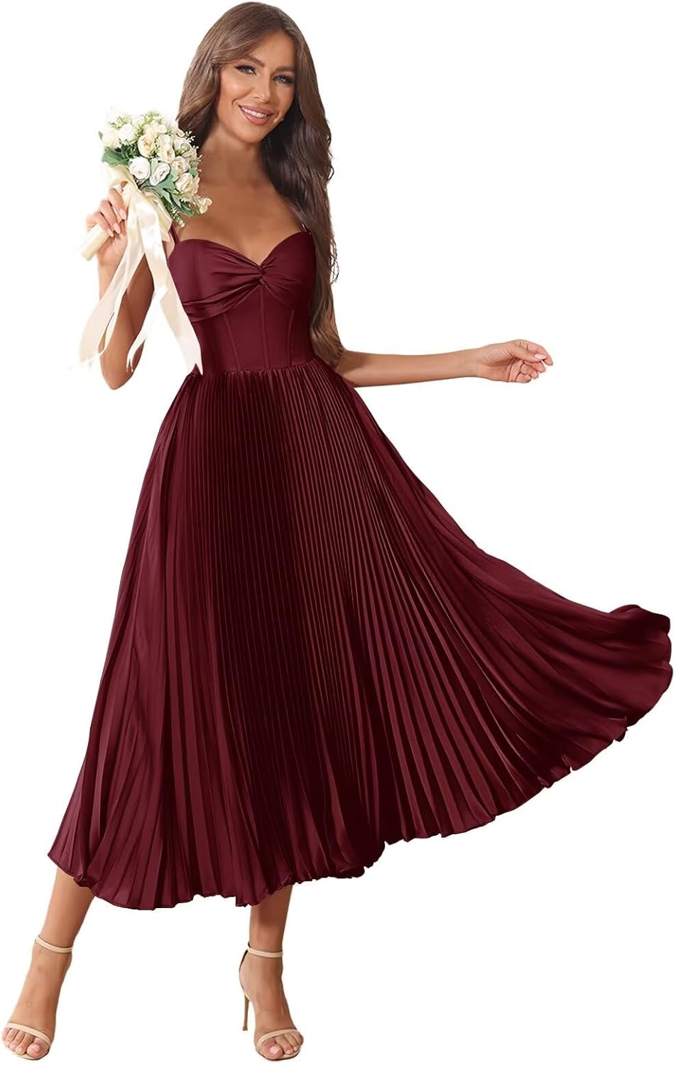 Pleated Bridesmaid Dresses for Women Satin A Line Tea Length Formal Dress Midi Even...