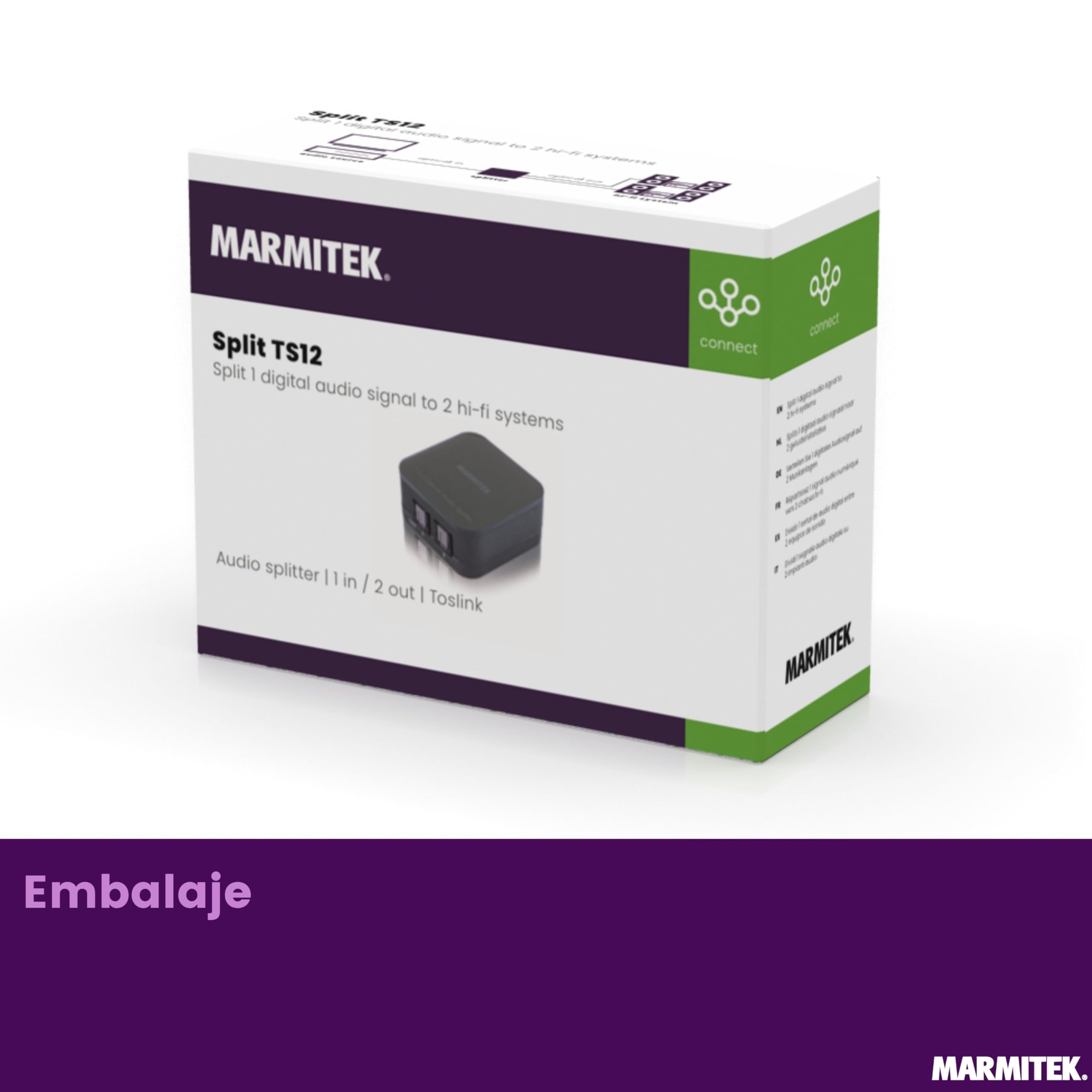 Splitter Audio Toslink - Marmitek Split TS12 - Divisor de Audio Óptico - 1 IN / 2 OUT - Frecuencia de Muestreo de 192 kHz - Dolby Digital - DTS - SPDIF - Amplificador Integrados | Divisor de audio óptico S/PDIF para TV y amplificador, sin retraso ni pérdi