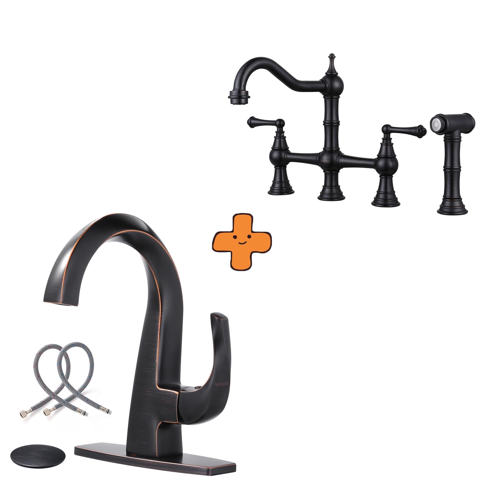 Jnfidosr Bronze Single Handle Bathroom Faucet 1 Hole High Arc Bathroom Basin Faucet Oiled Rubbed And Brass Kitchen Faucet With Side Sprayer, 8 Inch Centerset Bridge Faucet For Kitchen Sinks