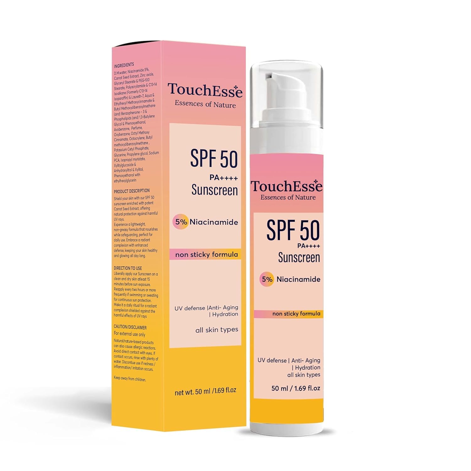 TouchEsse 5% Niacinamide Sunscreen SPF 50 PA++++, UA Protection, Non-Stick No White Cast, Lightweight, Reduces Tan, Brightens Skin, All Skin Types, Women & Men, 50 g