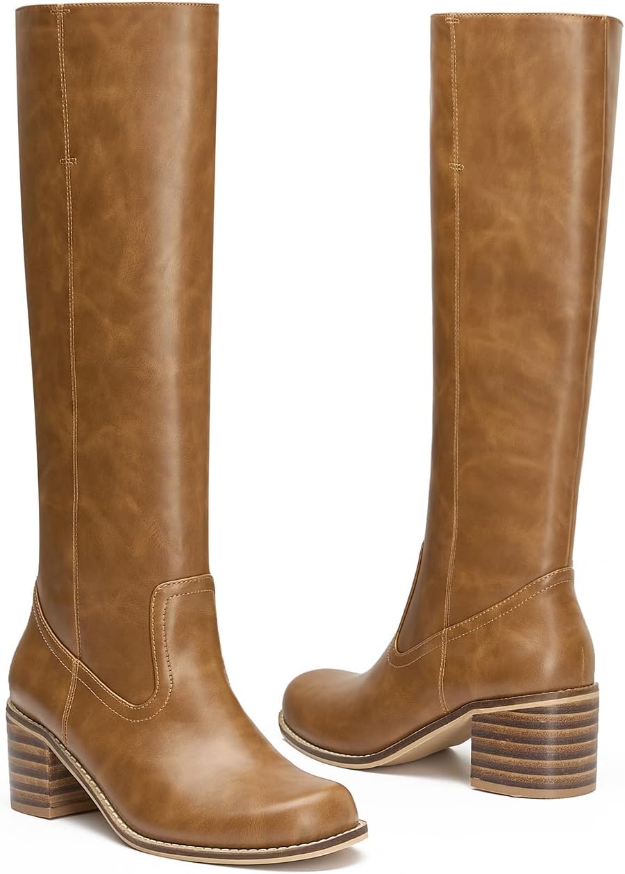 Knee High Boots Women Square Toe Chunky Block Long Boots Low Heel Tall Boots - Image 4