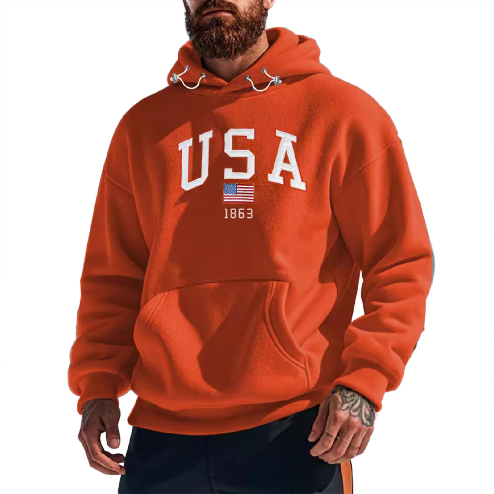 Mens Warm Thick Heavyweight Winter Sweatshirt Loose Fit American Flag Print Pullover Long Sleeve Hoodie