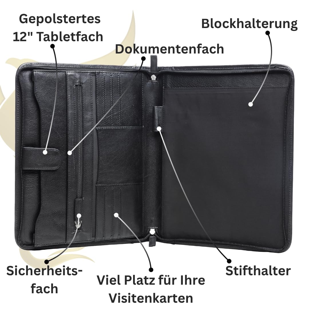 Konferenzmappe London aus 100% Echtleder, A4 – Business Schreibmappe/Organizer mit gepolstertem 12-Zoll-Tabletfach, Karten- & Reißverschlussfächern, umlaufendem Reißverschluss, schwarz