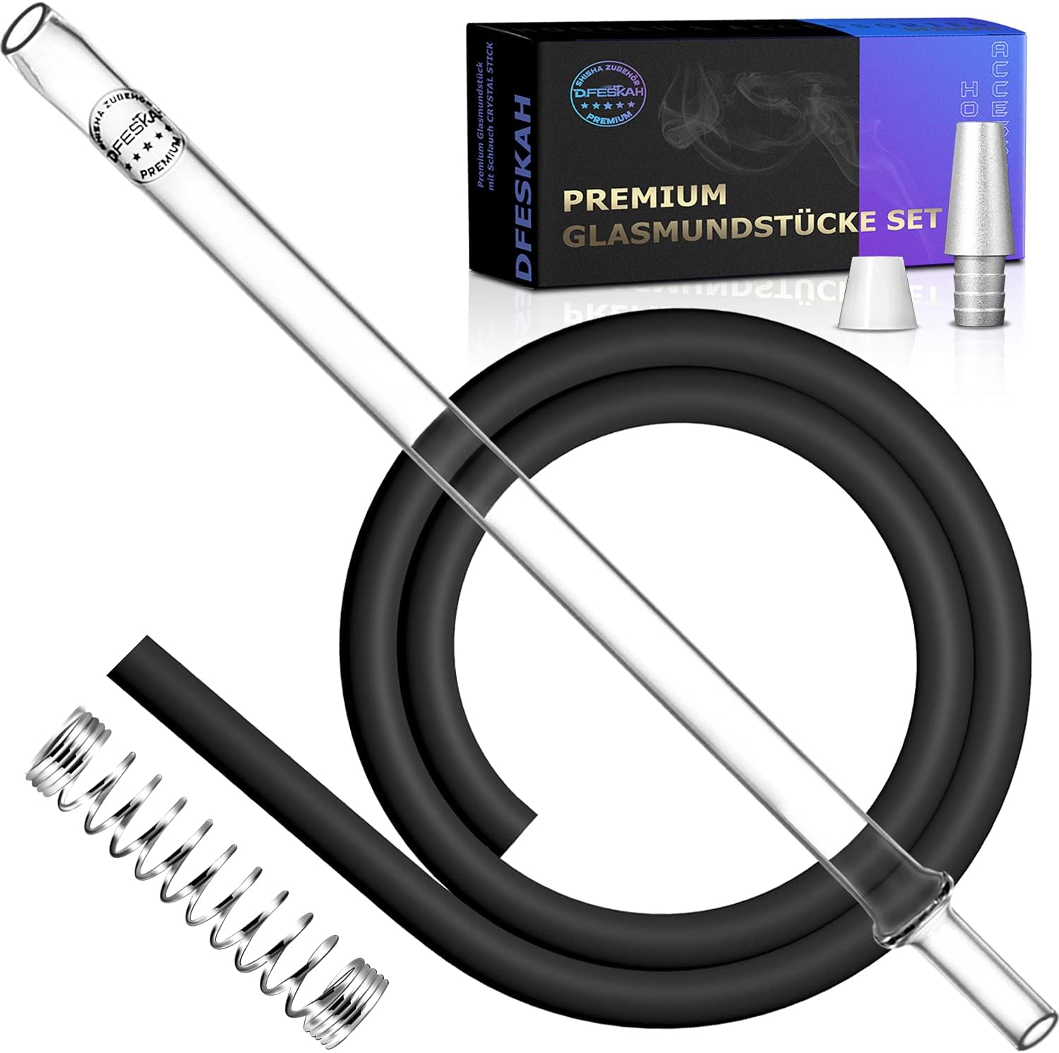 Manguera para cachimba con boquilla, boquilla de cristal de 150 cm, color negro mate, tubos de silicona, junta universal, adaptador de manguera para shisha Hookah