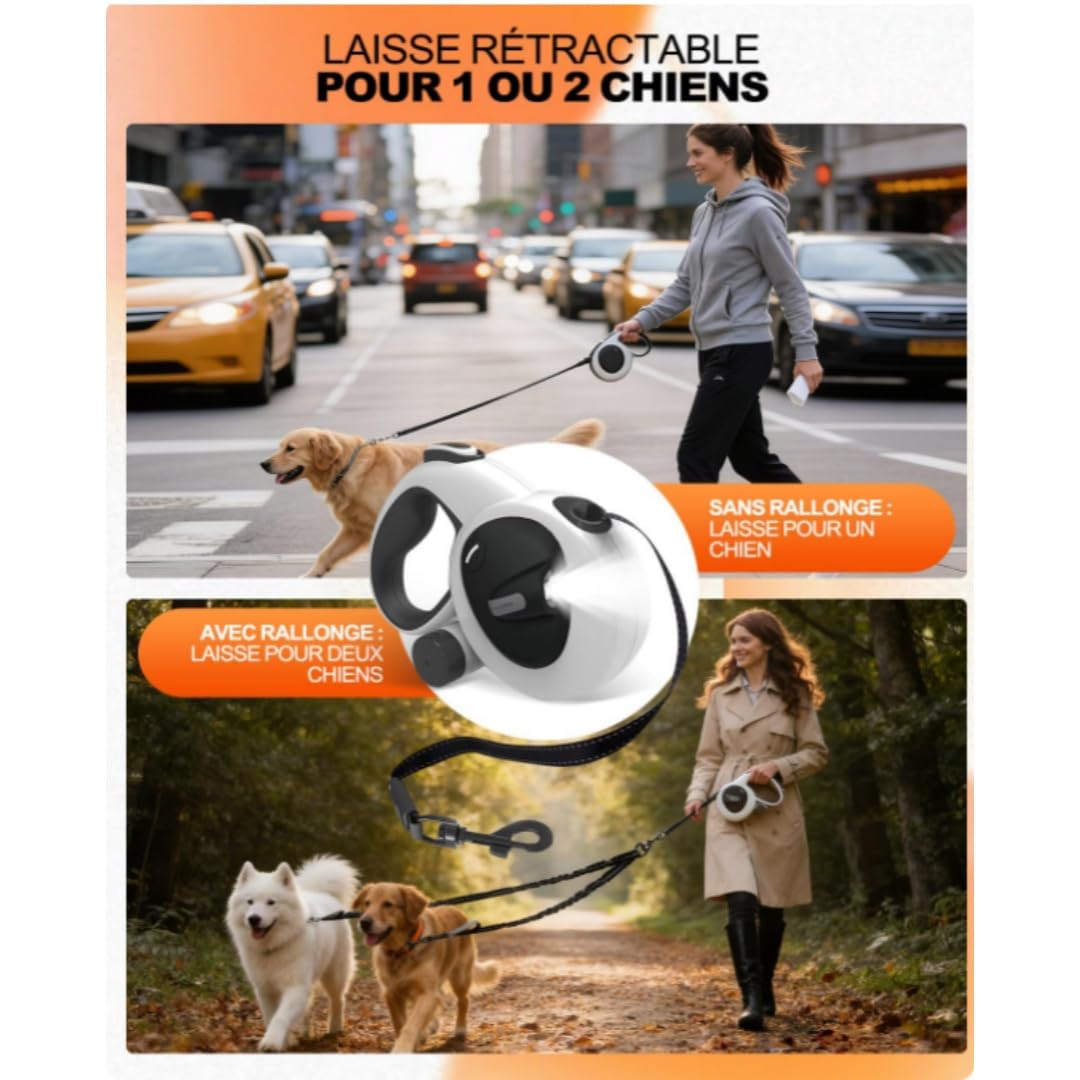 Retractable Leashes for Medium and Large Dogs Up to 50kg - Single Mode 5m & Double 5m+65cm, LED 155mAh, Brake Button at The Top, ABS+PC Heavy Duty Material, Safety Buckle & Door (L， 30-50KG)
