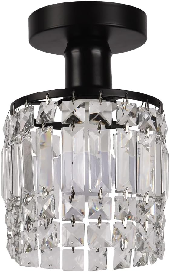 Modern Mini Crystal Ceiling Light Fixture, 5.9" x 10.8", Glass Shade, Black Metal Base, E26 Socket,Small Black Crystal Chandelier