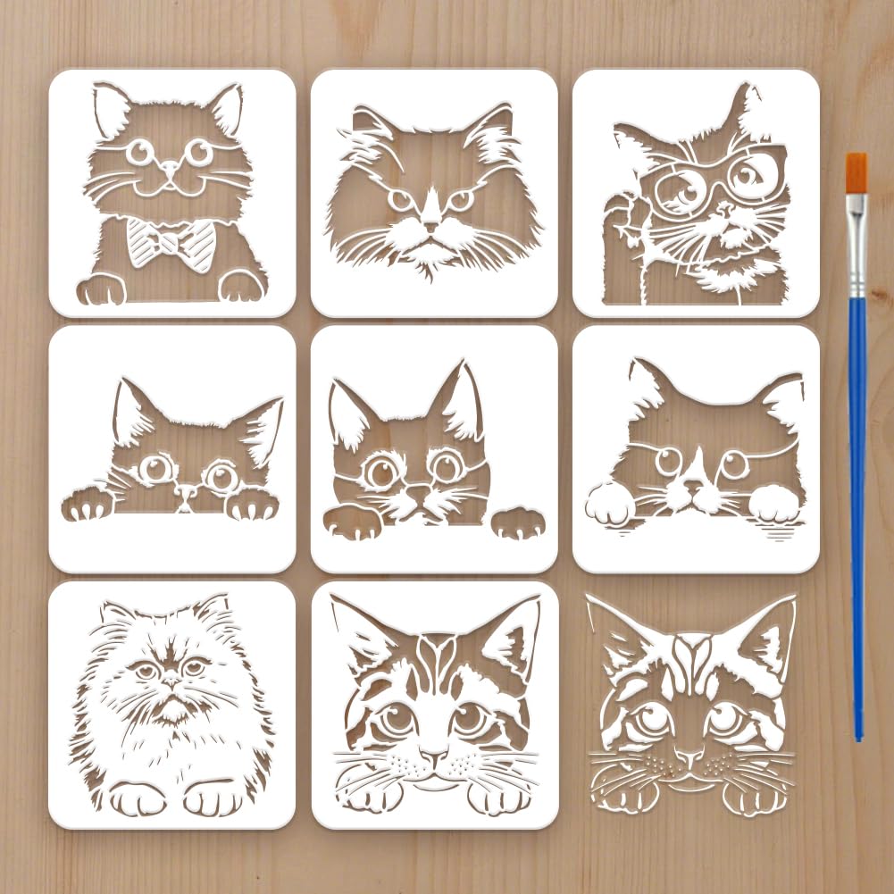FINGERINSPIRE 8Pcs Cute Cat Painting Stencil with Paintbrush 20x20cm Reusable Cat Pattern Painting Stencil Template Decorative Animal Theme Stencils for Wall, Furniture, Wood, Paper and Home Decor