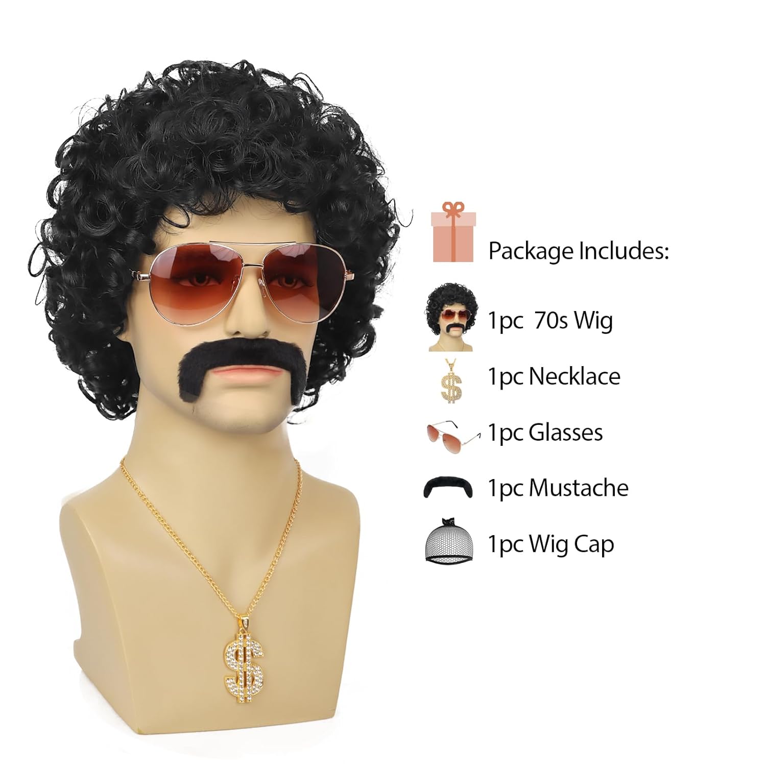 70s 80s Disco Wig with Mustache Sunglasses Necklace Golden Chain Short Afro Curly Wig for Men 60s Rocker Hippies Costume Cosplay Halloween Party(Black) - Image 4