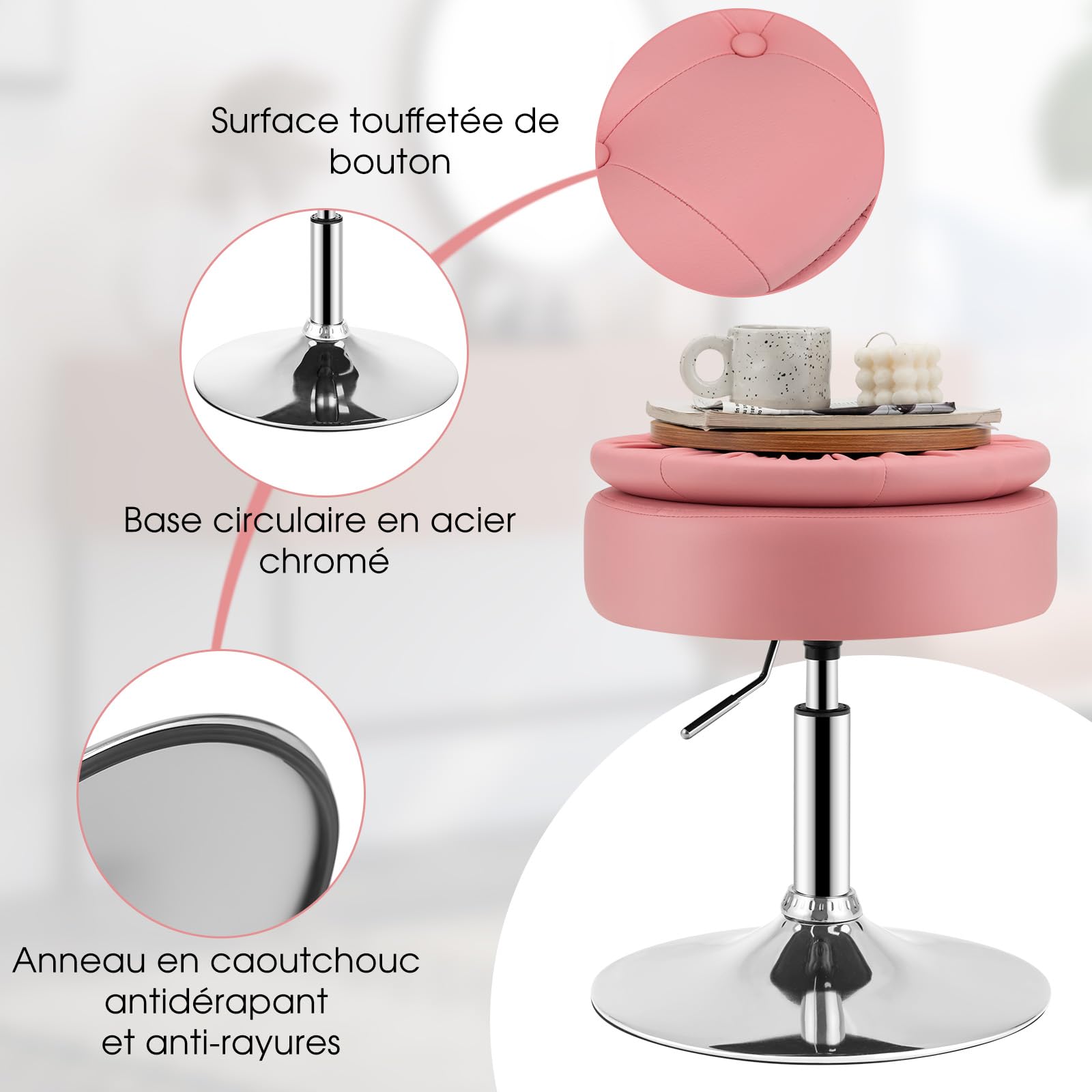 GOPLUS Tabouret de Coiffeuse Capitonné, 3 en 1 Pouf de Rangement d'Appoint avec Couvercle Réversible, Chaise de Maquillage Pivotante à 360° et Réglable en Hauteur 51-66 cm (Rose)