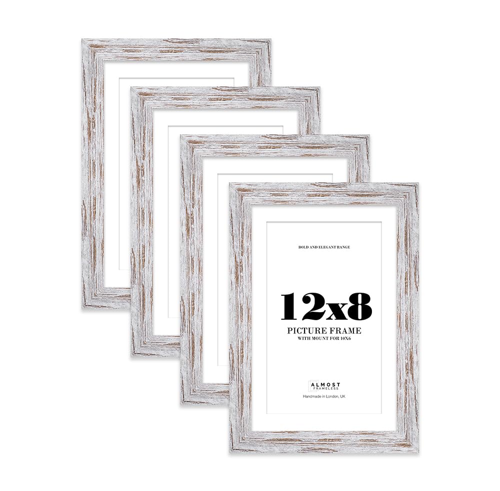 12x8 Distressed Wood Frame With Mount for 10x6 Pictures 28mm Edge Portrait and Landscape Display with Wall Hooks and Kickstand, 4 Pack