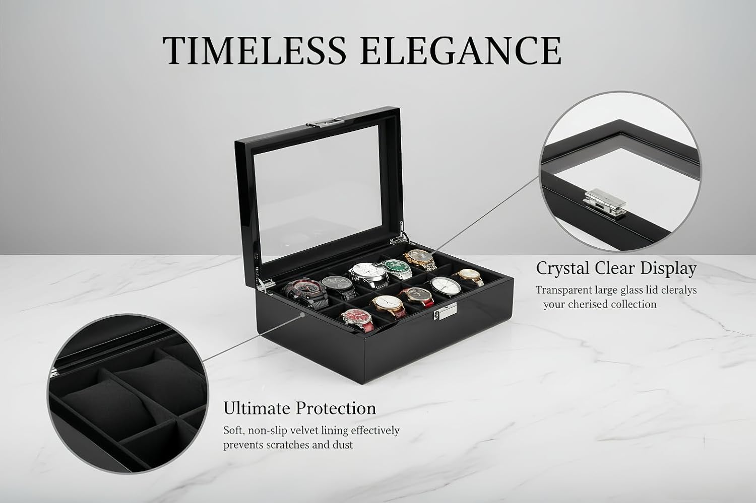 10-Slot Solid Wood Watch Box with Glass Top & Lock - Vintage Display Case Organizer for Men and Women, Scratch-Free Velvet Lined Jewelry Storage, Gift for Watch Collectors Black