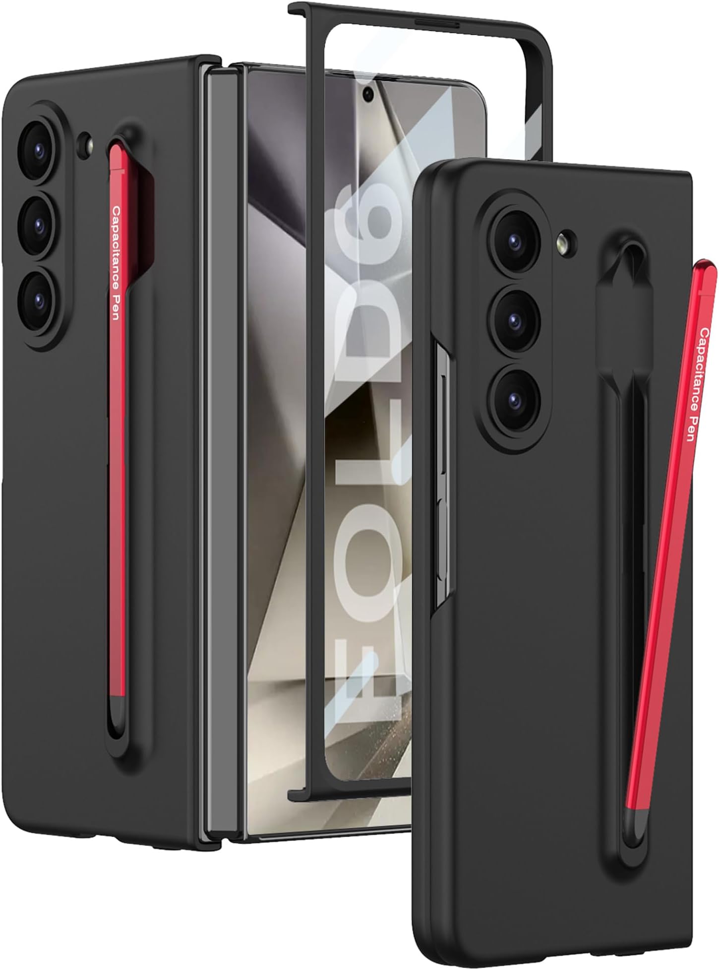 Kapa Contrast Ulta Thin PC Case for Samsung Galaxy Z Fold 6 | Inbuilt S-Pen Holder Stand Hybrid Back Cover (Black with Red Pen)
