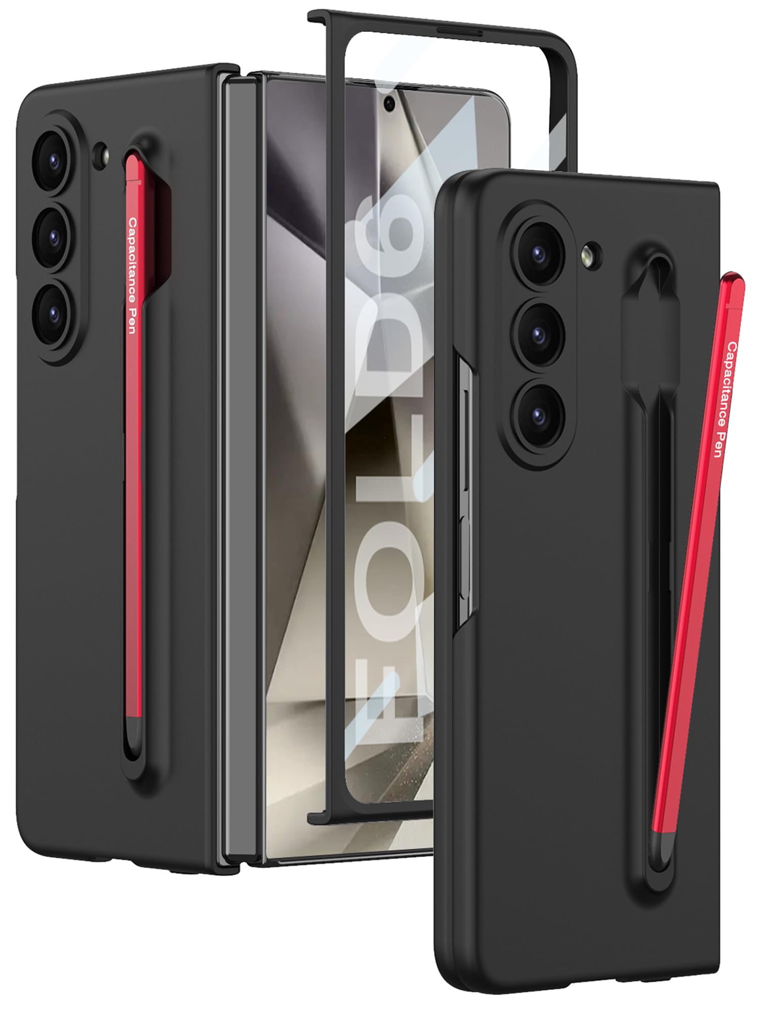 Kapa Contrast Ulta Thin PC Case for Samsung Galaxy Z Fold 6 | Inbuilt S-Pen Holder Stand Hybrid Back Cover (Black with Red Pen)