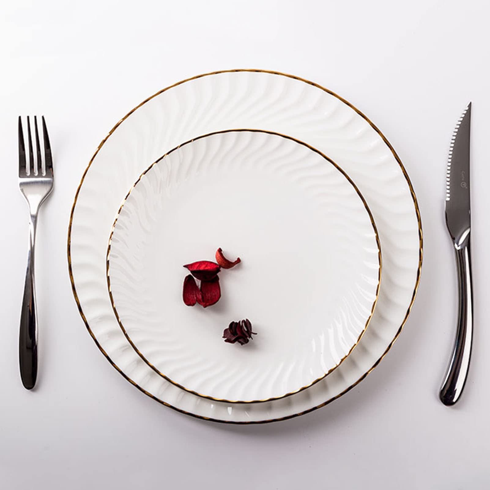 Okrągły zestaw obiadowy, ceramiczny zestaw obiadowy 28 szt., serwis na 6 naczyń, zestawy porcelany stołowej ze złotą obwódką, nowoczesny komplet obiadowy z pełną obsługą, zestawy talerzy i misek,