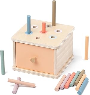 Orannalar Montessori Toys for 2 3 4 5 Year Old - Wooden Object Permanence Box with Drawer Sensory Toys Shape Sorter Color Sorting Education for Baby Toddler Boy Girl Drop Busy Box (A-pegs)