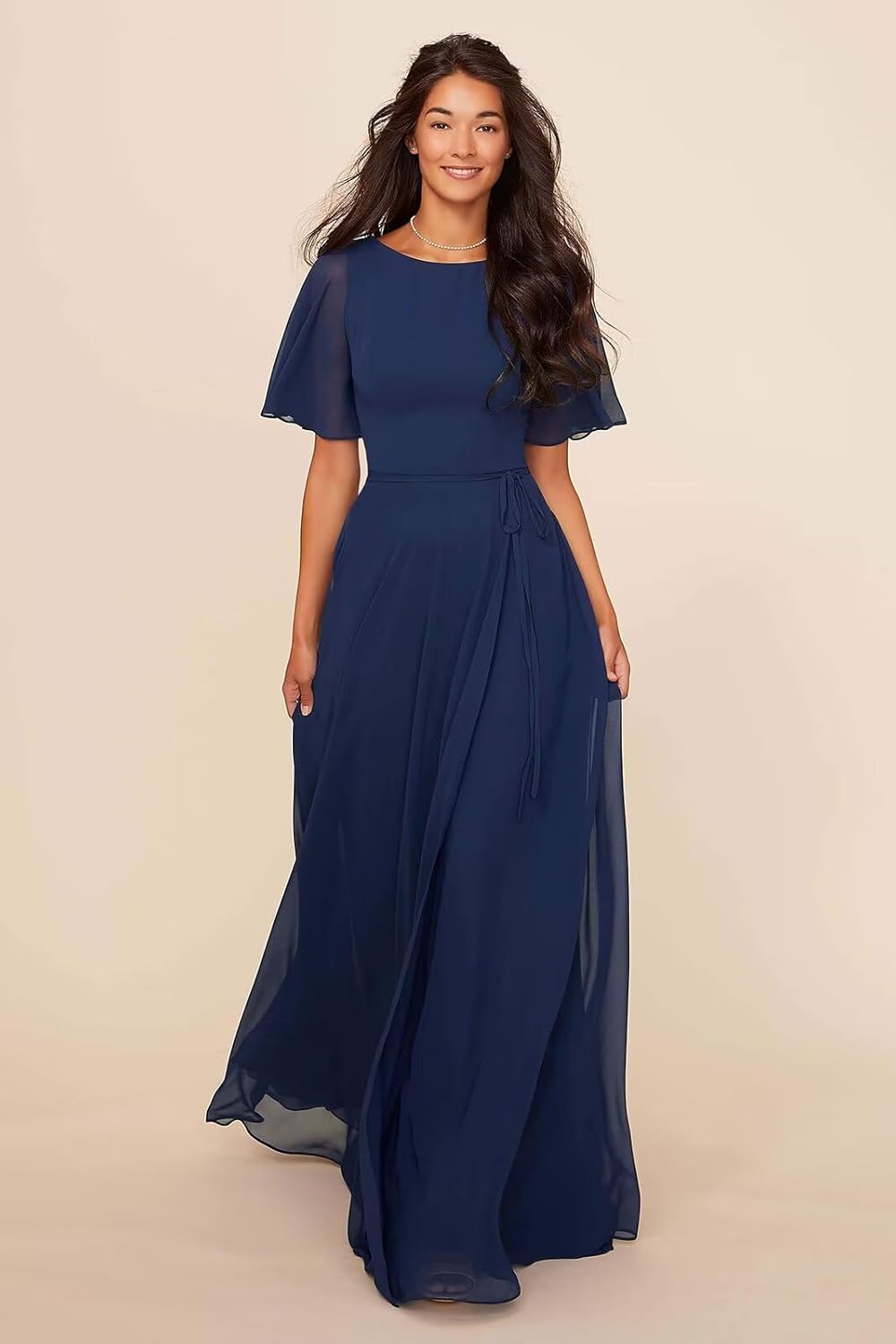 Flutter Sleeve Chiffon Bridesmaid Dresses for Women Long A-Line Formal Gown with Pockets Sash