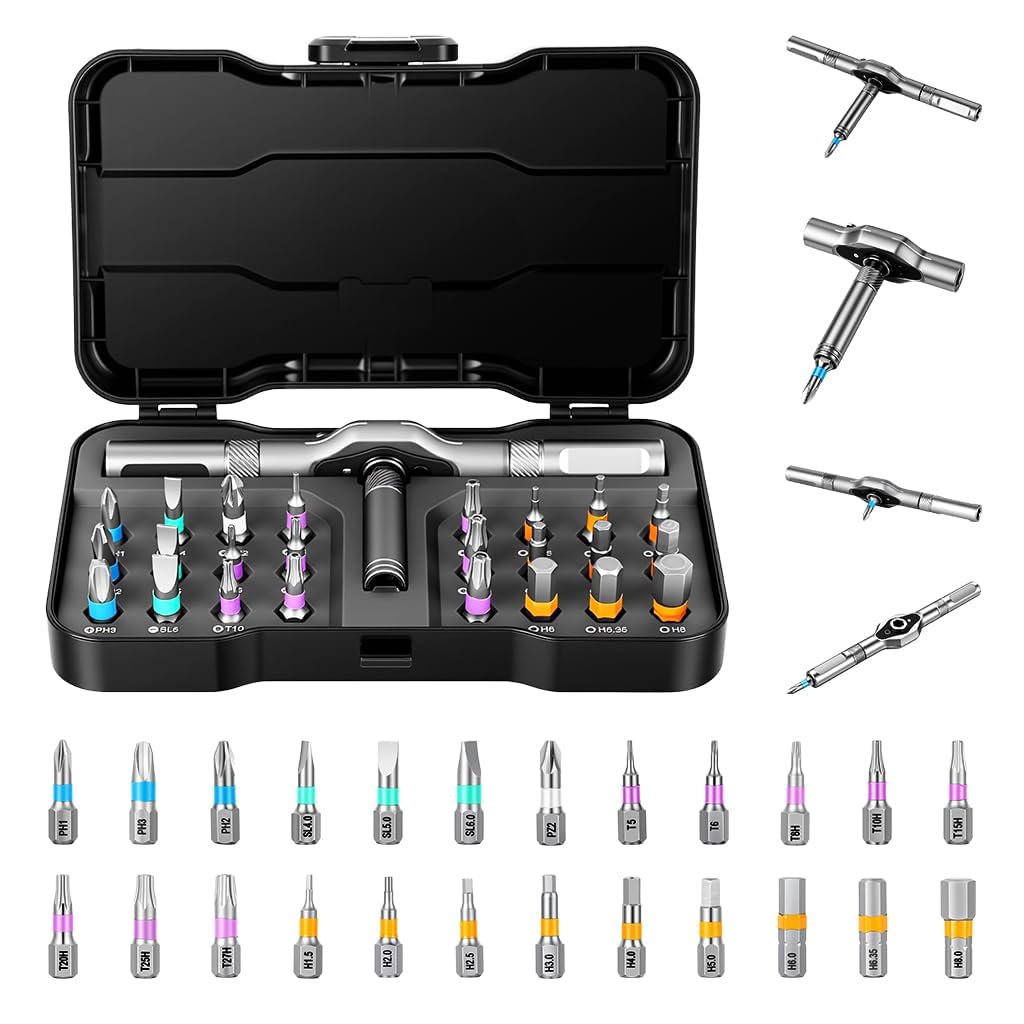 24 in 1 Precision Ratchet Screwdriver Set with Magnetic S2 Steel Bits, Mini Reversible Wrench Handle and Storage Case for Electronics, Furniture and Home Repairs-image-24