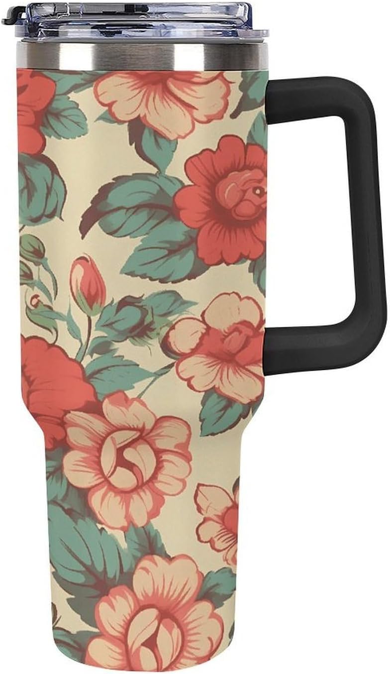 Large Car Cup with Handle&Lid Fashion Retro Flower Tumbler Sturdy Insulated Water Bottle Stainless Steel Vacuum Travel Mug Portable Coffee Cup for Home Outdoor 40 Oz Black-style