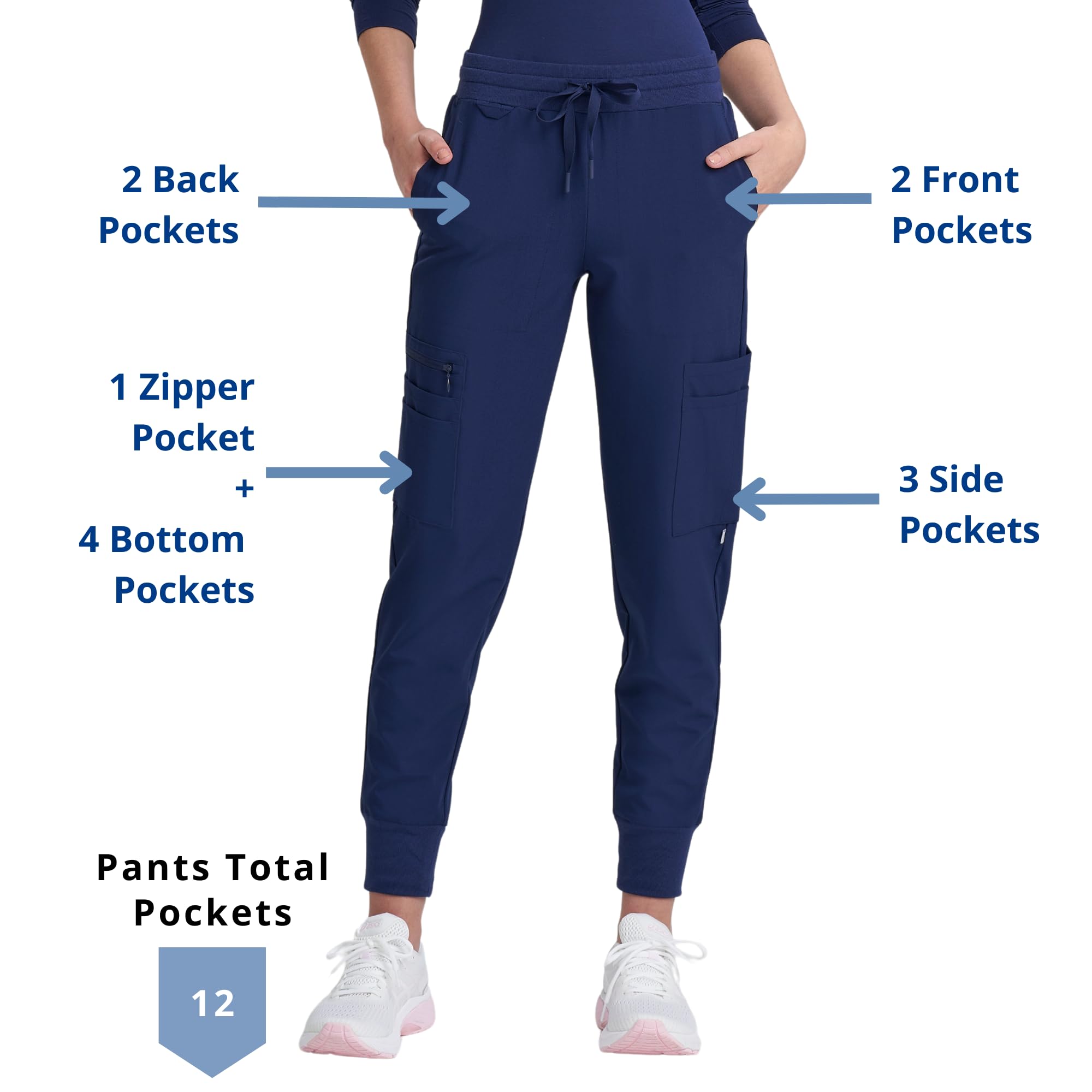 Care+Wear 12-Pocket Jogger Scrub Pants for Women – Moisture Wicking, Ultra-Soft, Wrinkle-Resistant Medical Scrub Pants with a Modern Fit (Medium, Navy)