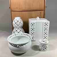 十三代 横石嘉助 平戸 白磁 七宝透 皆具 四点組 共箱 茶道具 完品