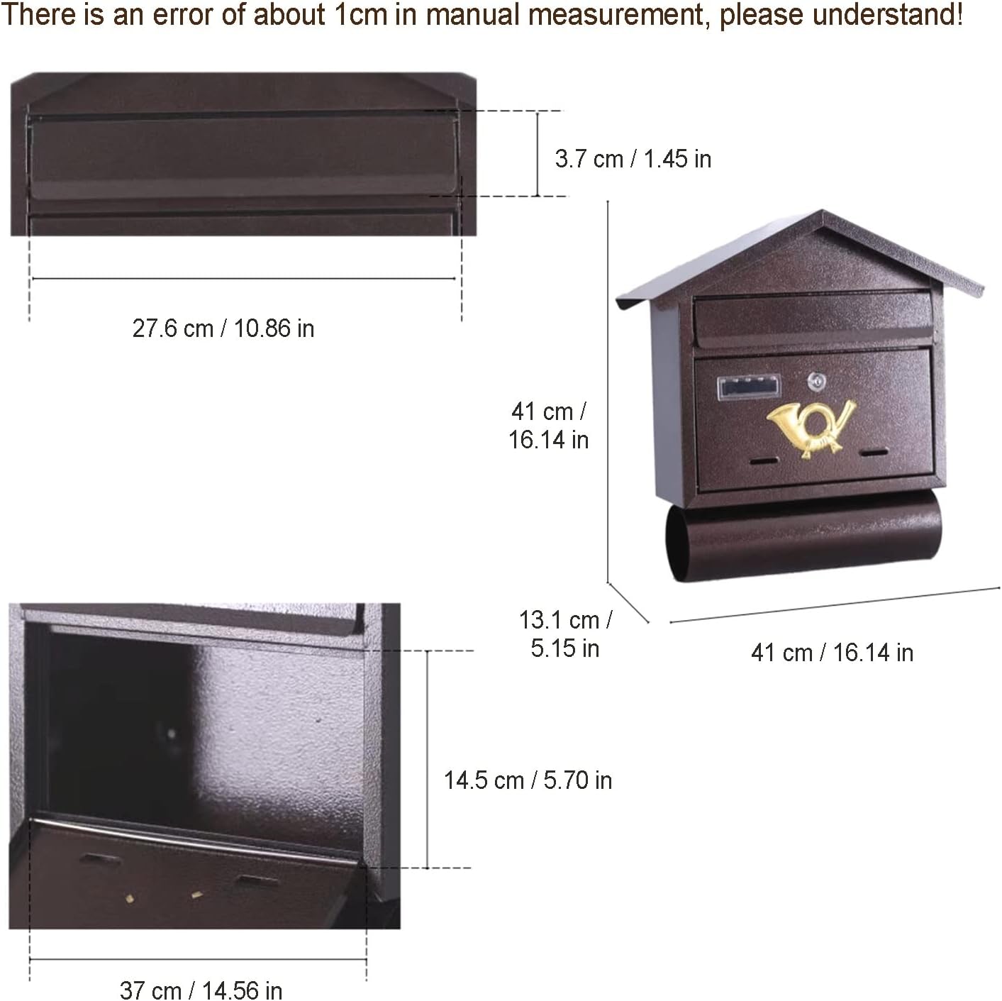 Wall Mount Mailboxes,Mailbox,Large Capacity Mail Box, Metal Mailboxes for Outside, Wall Mount Mailboxes, Mail Boxes for House, 16.1x16.1x5.1in (Color : Brown-1)