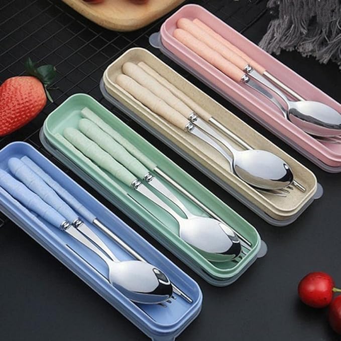 Image of Favria 3 Piece Stainless Steel Spoon,Fork and Chopstick Portable Travel Spoon Box Anti Slip Cutlery Set for Office Lunch Box,Travel, School,Picnics,Camping and Outdoor Home Utensil Set (Green)