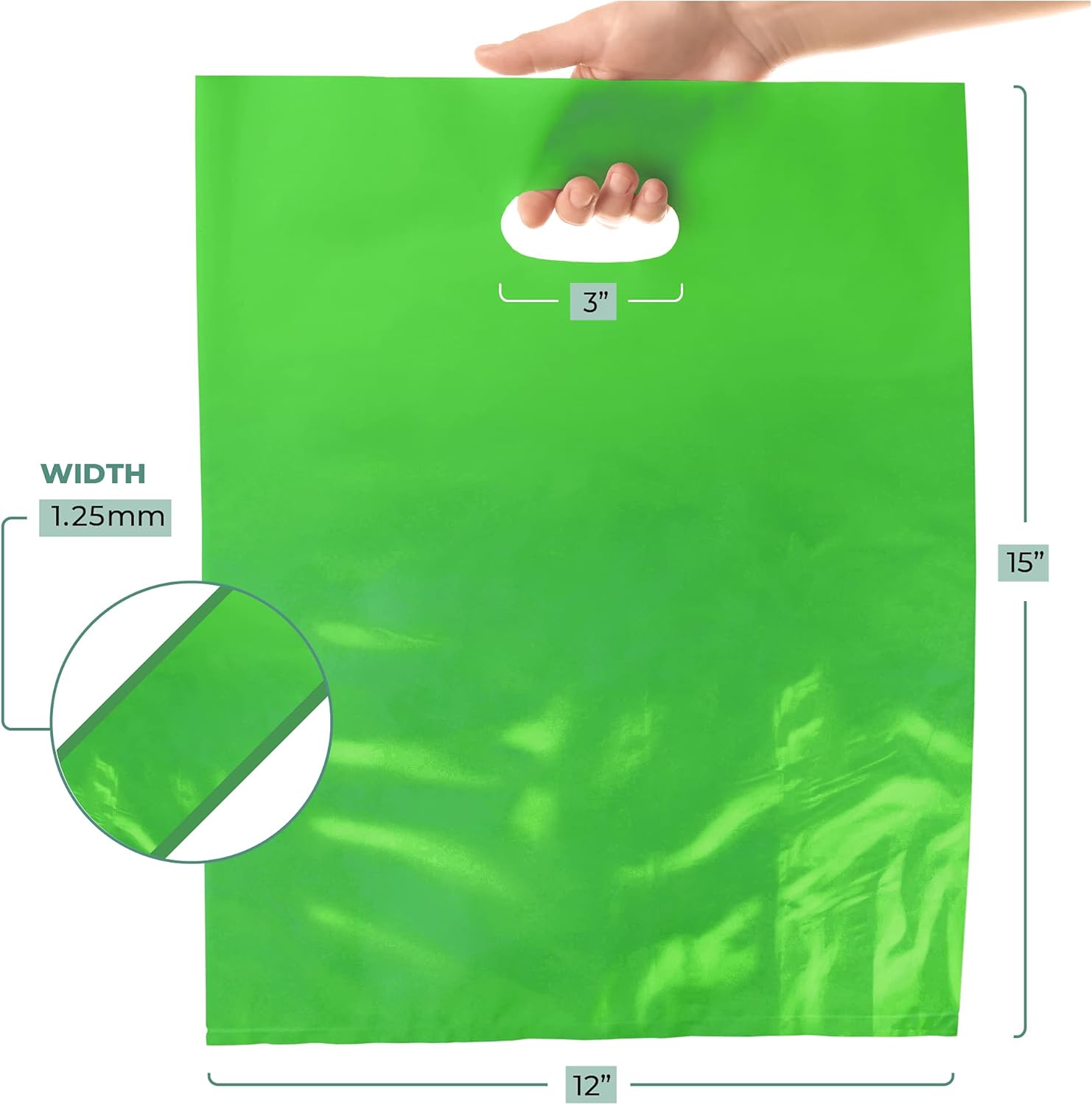 100 Pack Green Merchandise Bags 12 x 15 Inches, 1.25 Mil Thick Glossy Plastic Retail Shopping Bags with Die Cut Handles, Recyclable Bulk Bags for Stores, Events, Gifts - Image 2
