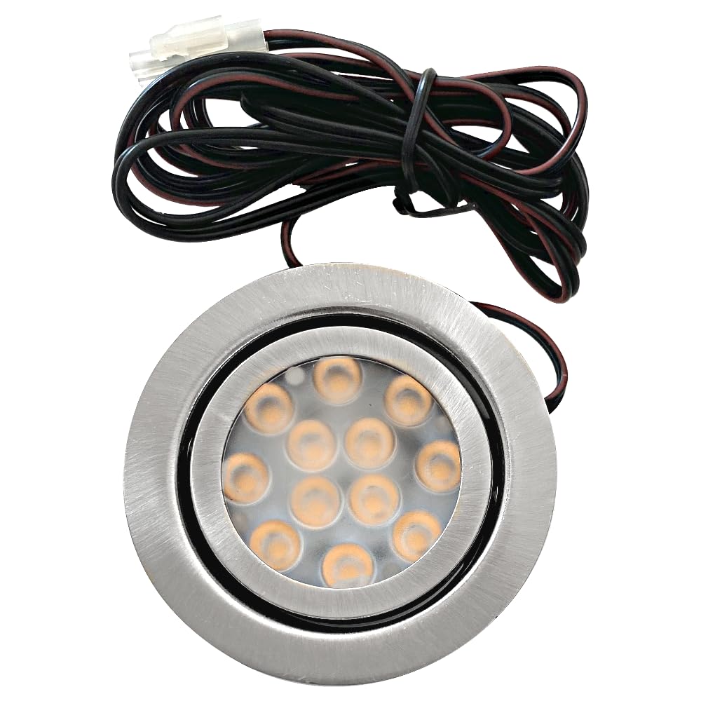 LED Möbel Einbauspots 12V flach 3 x 3W Einbauleuchte Emma 200lm mit Kabel, AMP Stecker, 3200K Warmweiß Lochausschnitt: 64 bis 68mm, Tiefe 22mm, Schwenkbar, IP20, Farbe Edelstahl gebürstet